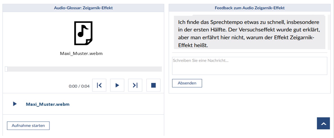 Screenshot einer Seite im Courseware-Lernmodul: Links ist ein Block mit einem eingebetteten Audioglossar von Maxi Muster zum Zeigarnik-Effekt, der im Player abgespielt werden kann. Rechts befindet sich ein Blubberblock, in dem Feedback einer anonymen Person zum Audio eingetragen wurde, darunter das Feld mit der Möglichkeit, eine weitere Nachricht einzugeben.