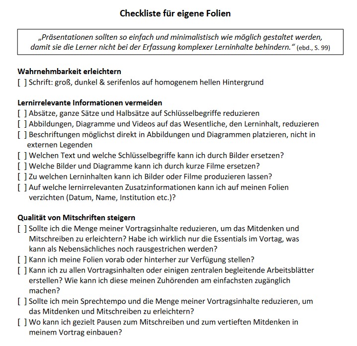 Screenshot der Checkliste für eigenen Folien aus der Handreichung zur lernförderlichen Gestaltung von digitalen Folien mit den Kategorien Wahrnehmbarkeit erleichtern, Lernirrelevante Informationen vermeiden,  und Qualität von Mitschriften steigern