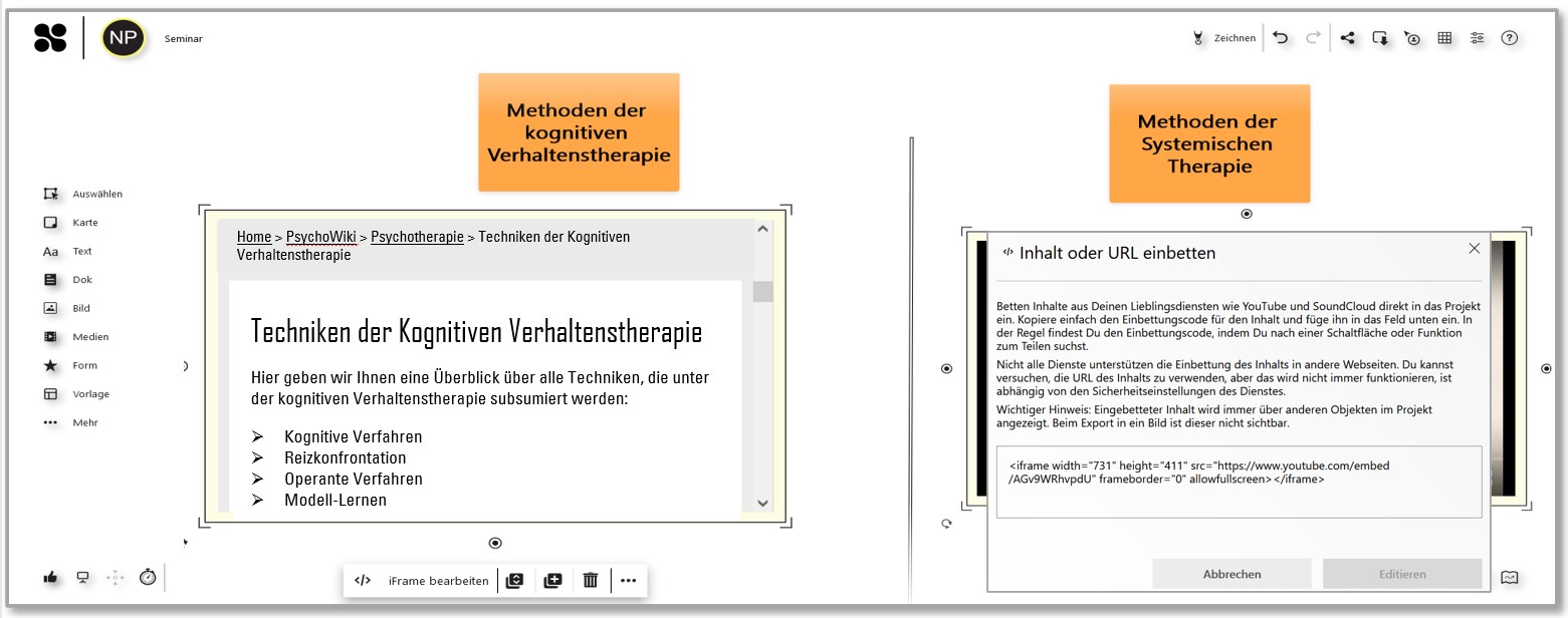 Screenshot eines Collaboards mit zwei eingebetteten Webseiten.