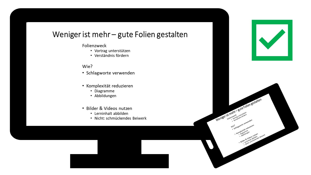 Grafik einer digitalen Folie auf einem Computermonitor, in der Titelzeile der Folie steht "Weniger ist mehr - gute Folien gestalten", darunter befindet sich in Bulletpoint einzelne Schlagworte zur Vortragsunterstützung, die Folie ist übersichtlich
