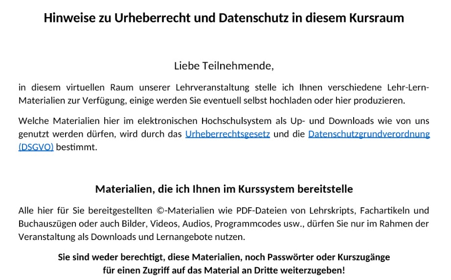 Abbildung eines Teils der ersten Seite des Handouts für Lehrende zu Urheberrecht und Datenschutz in digitalen Kursräumen.