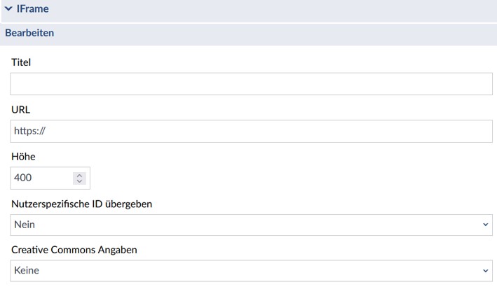 Screenshot des iframe-Dialogfensters in der Courseware in Stud.IP mit allen Feldern, die bearbeitet werden können, um Webinhalte in dem Coursewareblock einzubetten.