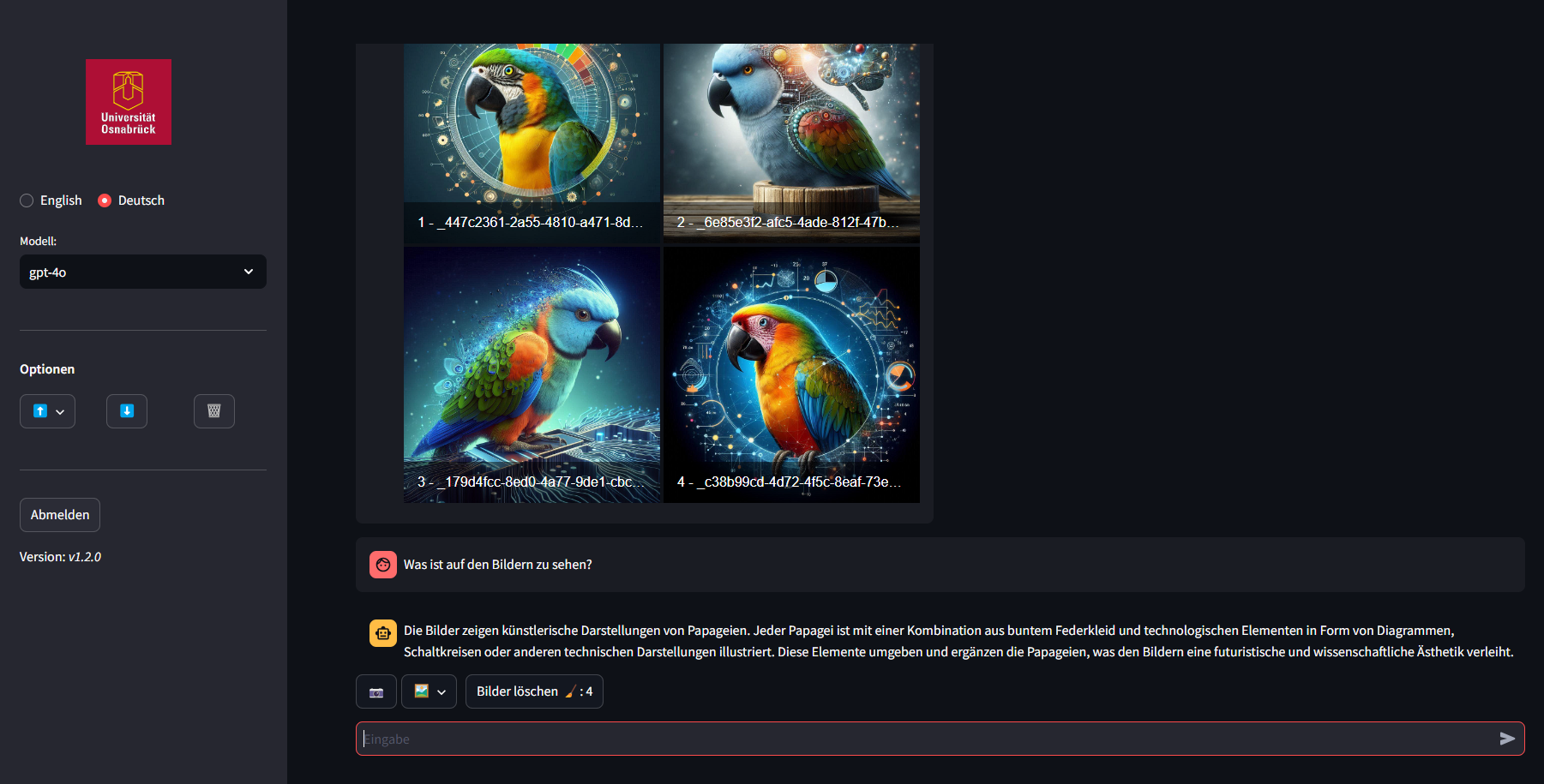 Screenshot von kiwi: Gezeigt werden u. a. vier Bilder, ein Prompt und ein Output.