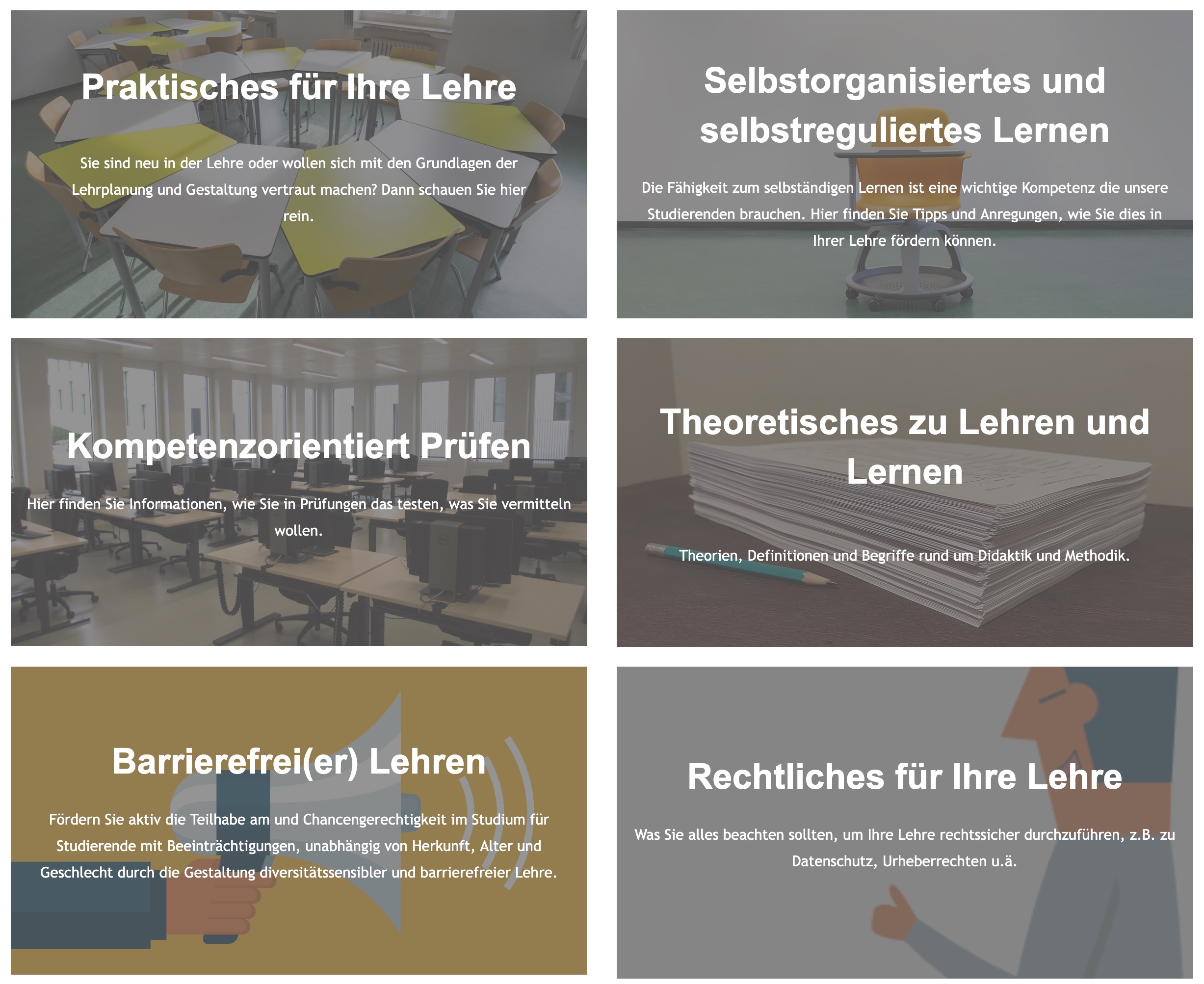 Screenshot der Kategorie Lehren und Prüfen im Infoportal Lehre