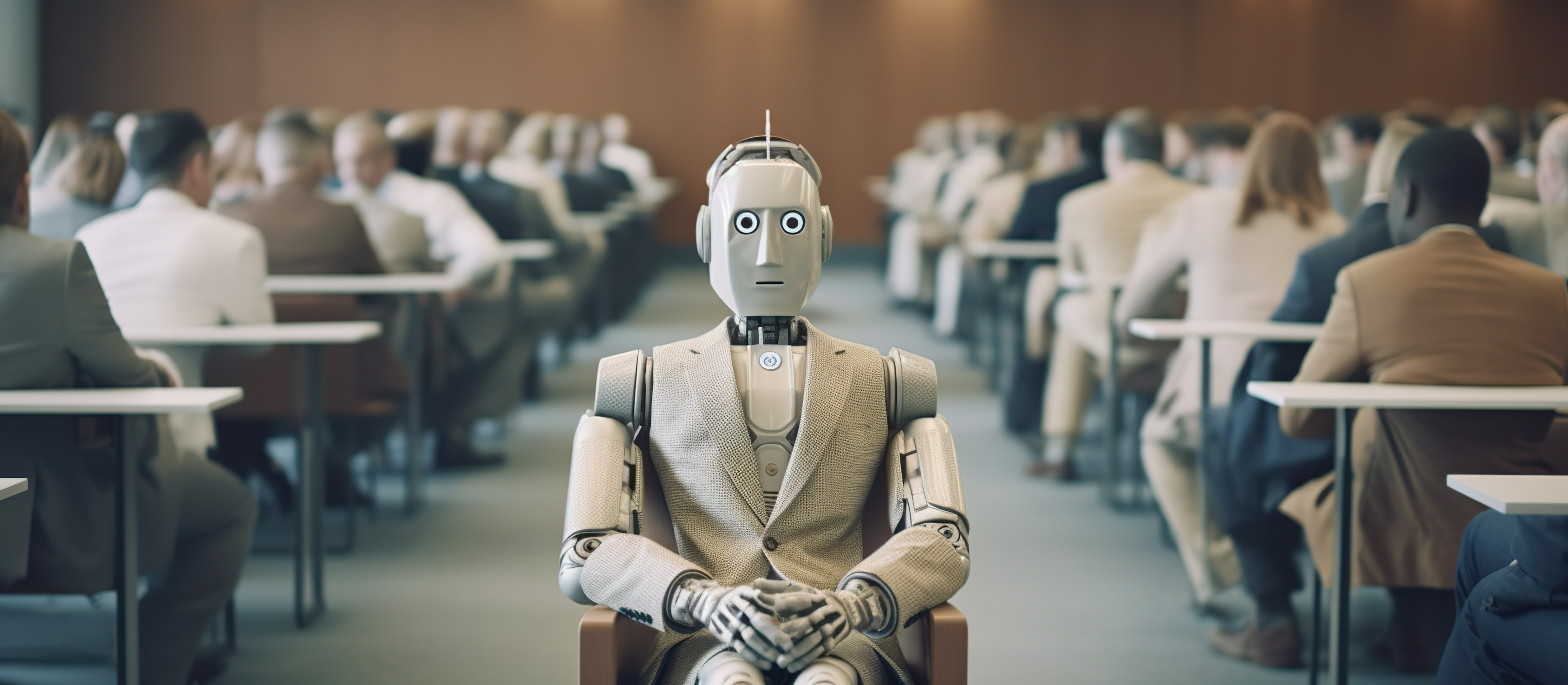 Ein Roboter im Anzug sitzt auf einem Stuhl am Ende des Mittelganges eines Vorlesungssaals. Im Hintergrund sitzen Menschen auf Stühlen an Tischen, die in die andere Richtung schauen.