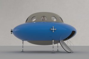 Ein Mann in blaugrauem Raumschiff