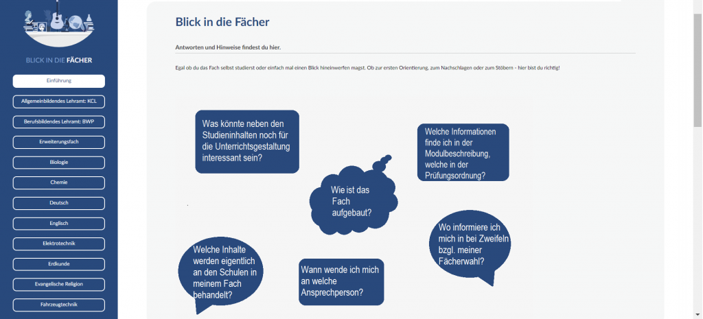 Ausschnitt des zweiten Hauptbereichs "Blick in die Fächer"