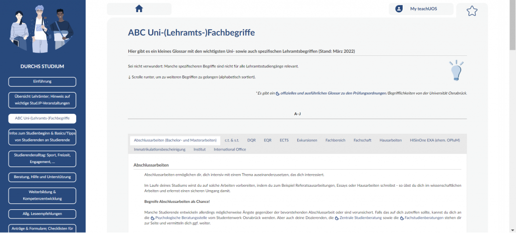 Ausschnitt des ersten Hauptbereichs "Durchs Studium"