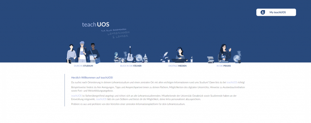 Die teachUOS Startseite mit den vier Hauptbereichen "Durchs Studium" "Blick in die Fächer" "Digitale Medien" "In die Praxis"