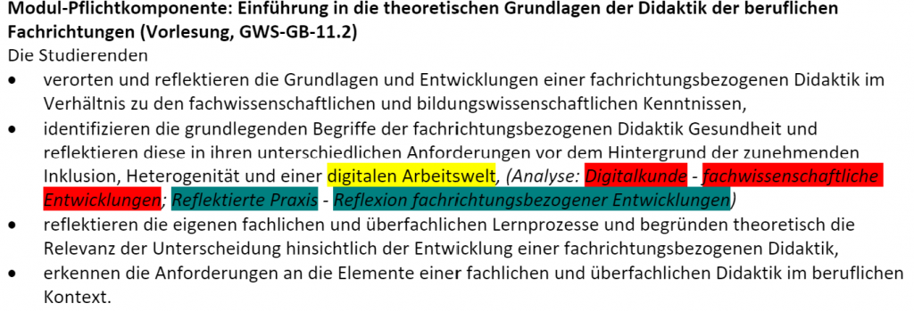 Textauszug aus einer Modulbeschreibung mit ergänzten Dimensionen die farblich markiert wurden