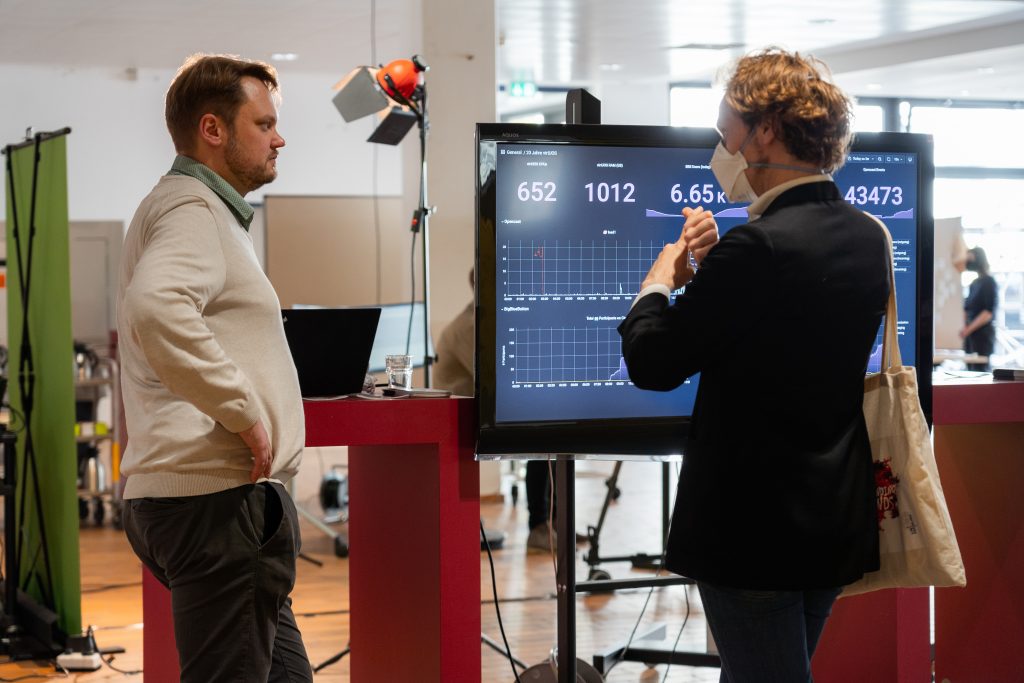 zwei Personen unterhalten sich vor einem Bildschirm mit Nutzungsdaten zu BigBlueButton