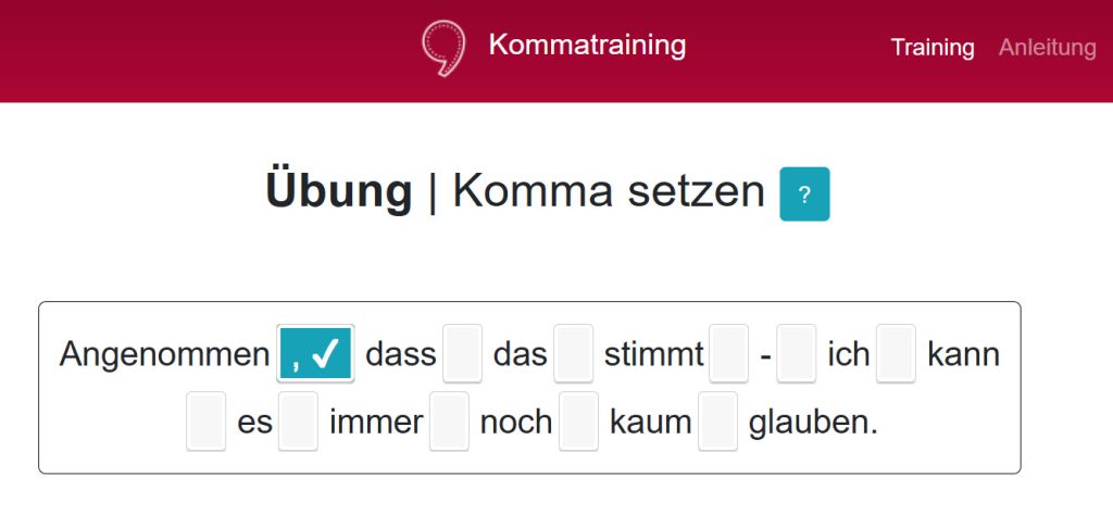 Screenshot mit einem Übungsbeispiel aus dem Kommatraining