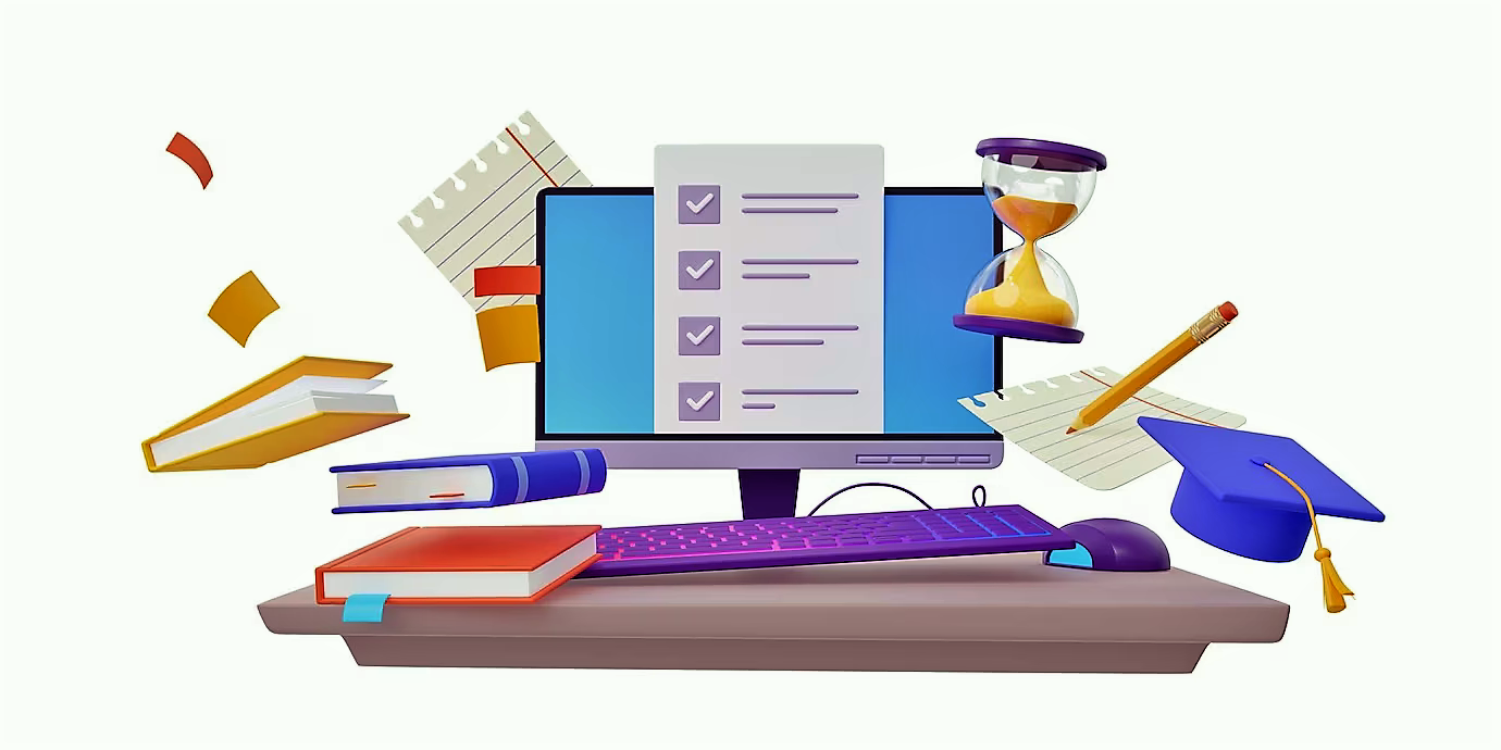 In dem bunten Bild sind verschiedene Gegenstände zu sehen, die in Verbindung mit Prüfungssituationen gebracht werden können: Bildschirm, Tastatur, Maus, Sanduhr, Test, Buch, Stift, ...