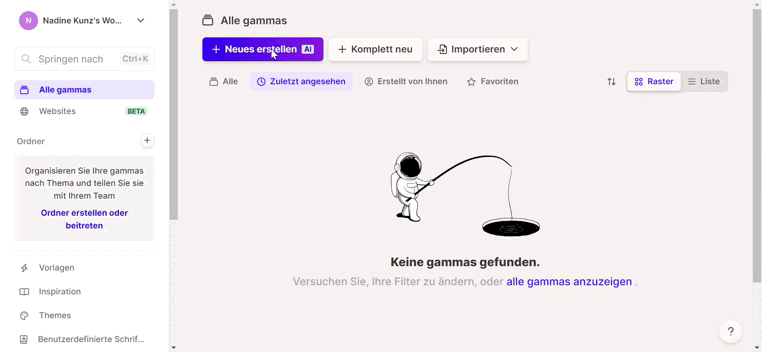Auf dem Bewegtbild ist die Startseite des KI-Tools 'Gamma App' zu sehen. Anhand eines Videos ist zu sehen, dass die App Unterstützung bei der Erstellung von Präsentationen, Dokumenten und Webseiten bietet. Nach dem Video muss ein Thema gewählt werden, woraufhin die App eine Gliederung vorschlägt, die angenommen oder abgelehnt werden kann. Danach muss der User ein Layout wählen, nach dem das KI-Tool dann das gewünschte Produkt erstellt, beispielsweise eine Präsentation.