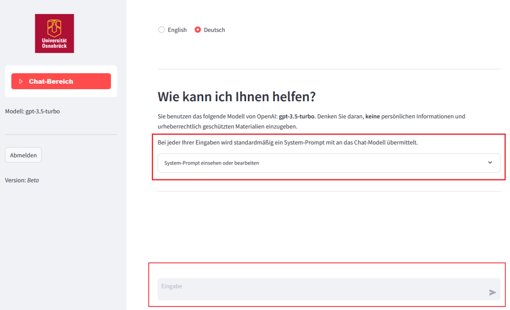 Screenshot der Chatoberfläche innerhalb des UOS KI-Portals