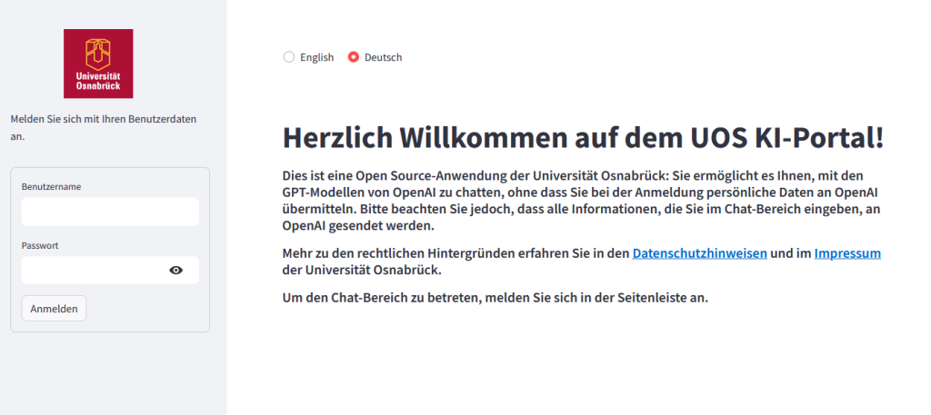 Screenshot der Anmeldeoberfläche des UOS KI-Portals