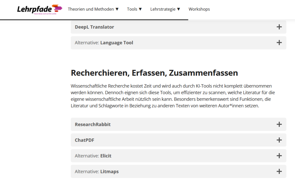 Auf dem Bild ist die KI-Toolsammlung der TH Köln zu sehen. Auf der Abbildung wird gezeigt, dass die KI-Toolsammlung vier Möglichkeiten der Unterstützung anbietet: Die nutzende Person kann sich bei Arbeiten mit einem oder mehreren Texten unterstützen lassen. Die nutzende Person kann sich bei der Vorbereitung von Lehrveranstaltungen unterstützen lassen. Auch das Erstellen von Medien ist nach der Graphik durch die KI-Toolsammlung möglich, ebenso wie das Recherchieren von Literatur.
