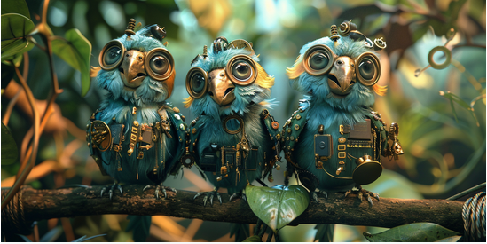 KI-generiertes Bild: Es zeigt drei blaue, mechanisch anmutende Papageien, die auf einem Ast sitzen. Jeder Vogel scheint eine Kombination aus einem echten Vogel und einem Roboter zu sein, da sie verschiedene mechanische Teile wie Zahnräder, Schrauben und metallische Komponenten auf ihren Körpern tragen.