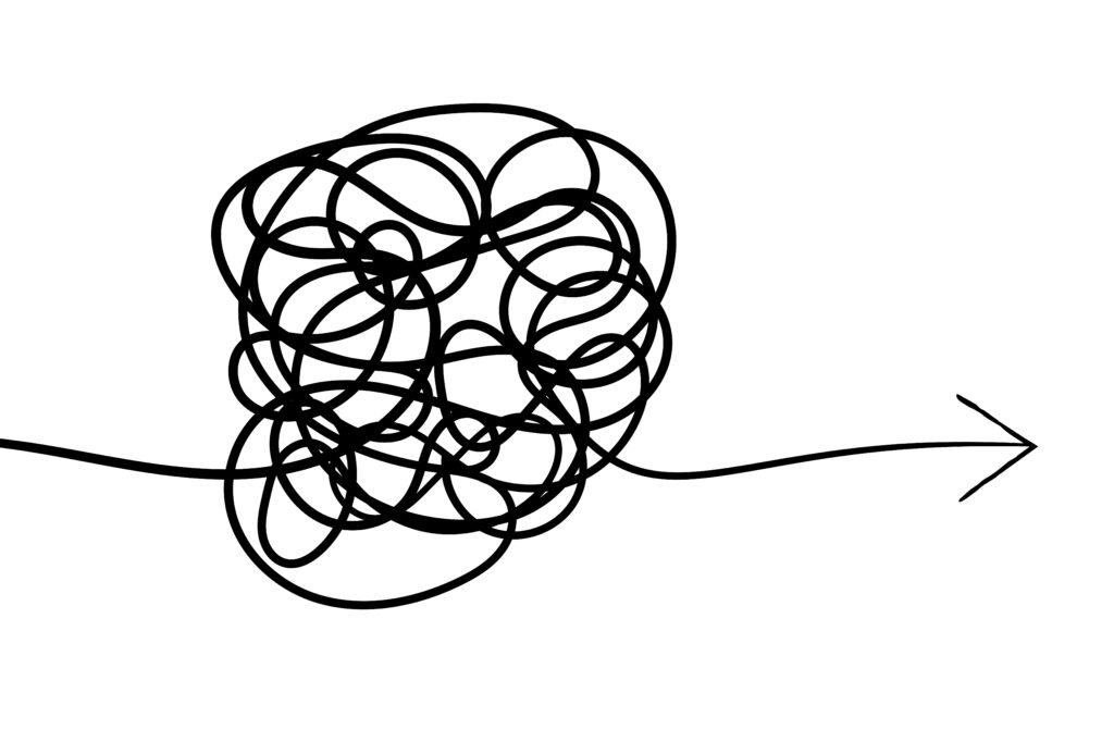 Scribble von einem verknoteten Faden dessen Ende zu einem Pfeil wird.