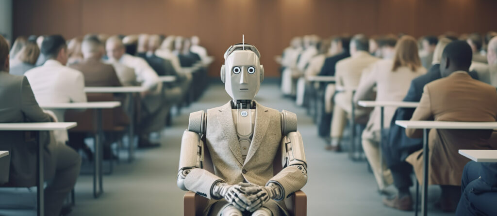 Menschen sitzen in Reihen mit dem Rücken zu einem Roboter der im Gang dazwischen sitzt und mit großen Augen in die Kamera schaut
